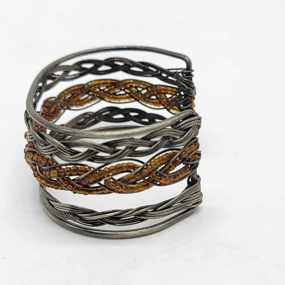 Silver Tone Wire and Amber Bead Braided Bracelet Cuff Vintage